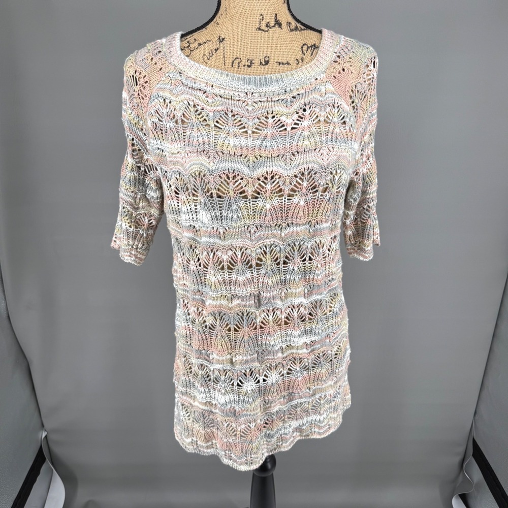 Westport Sweater Blouse Women's M Pastel Multi‎ Pointelle Open Knit Elbow Sleeve